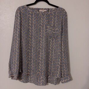 Loft Women's Blouse  Sz.M Blue/Black Medallion Pattern On Beige‎ Long Sleeve